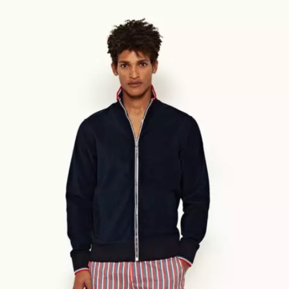 Brand new Orlebar brown EGERTON STRIPE Navy O.B Stripe Tipping Zip-Thru Towellin